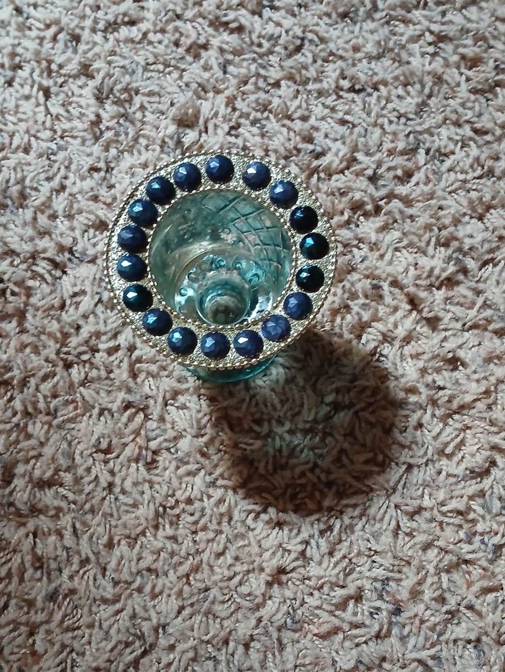 Blue Glass Candle Holder with Decorative Gold Trim
